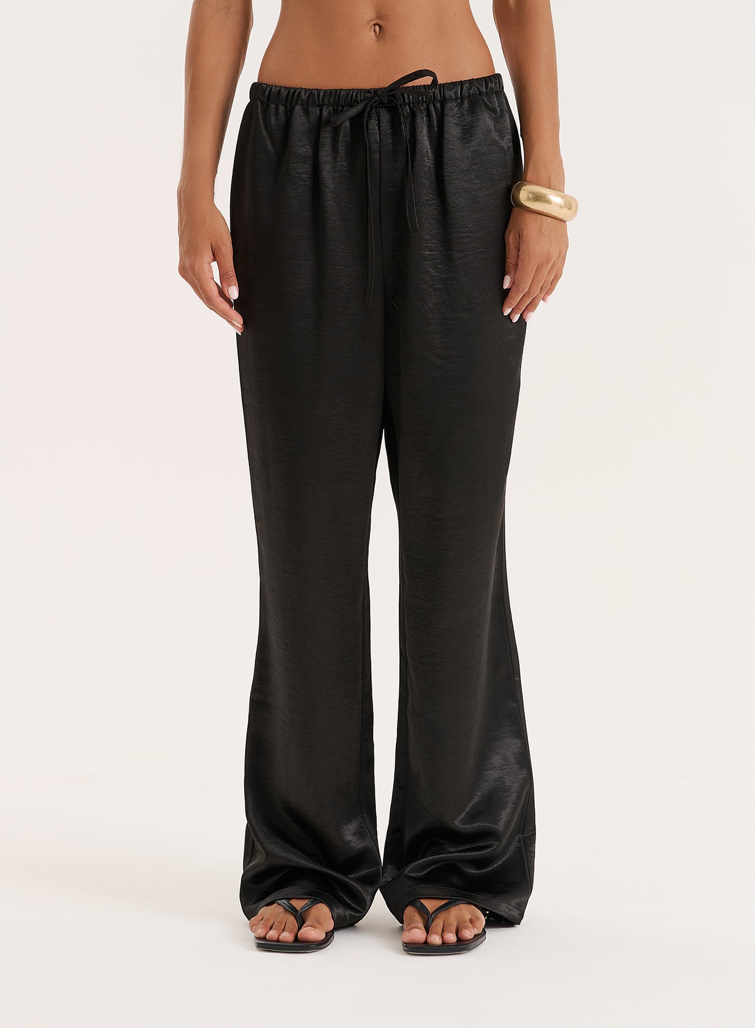 Black Satin Tie Waist Wide Leg Trouser